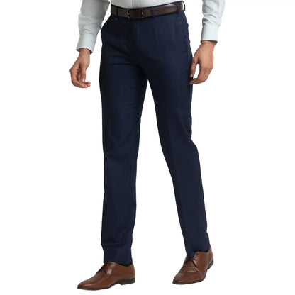 Men Blue Contemporary Fit Solid Polyester Blend Trouser