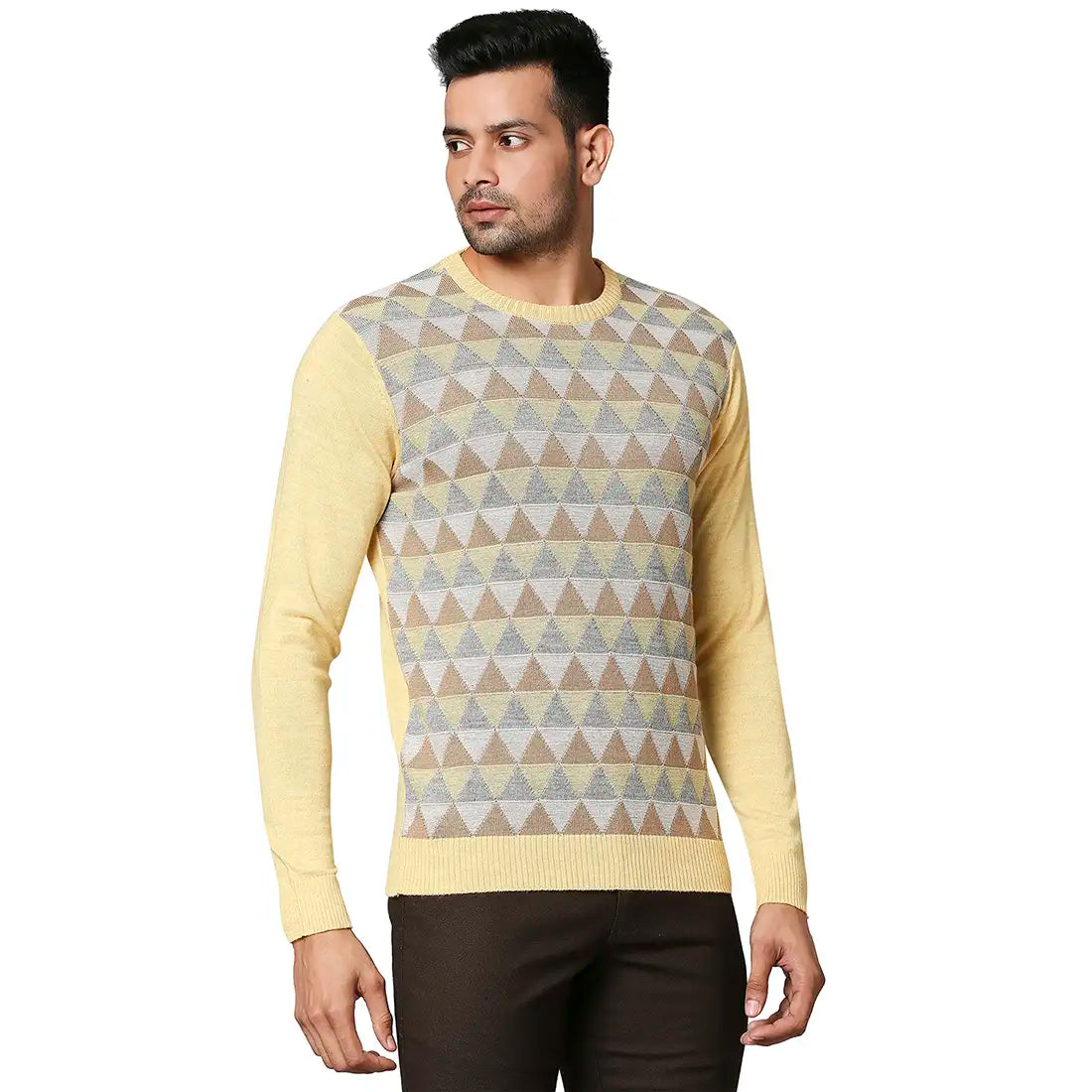 Men Yellow Argyle Wool Blend Full Sleeve V Neck Collar Sweaters