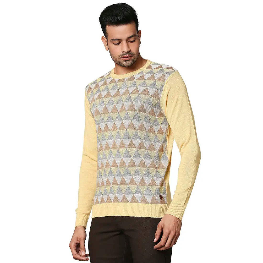 Men Yellow Argyle Wool Blend Full Sleeve V Neck Collar Sweaters