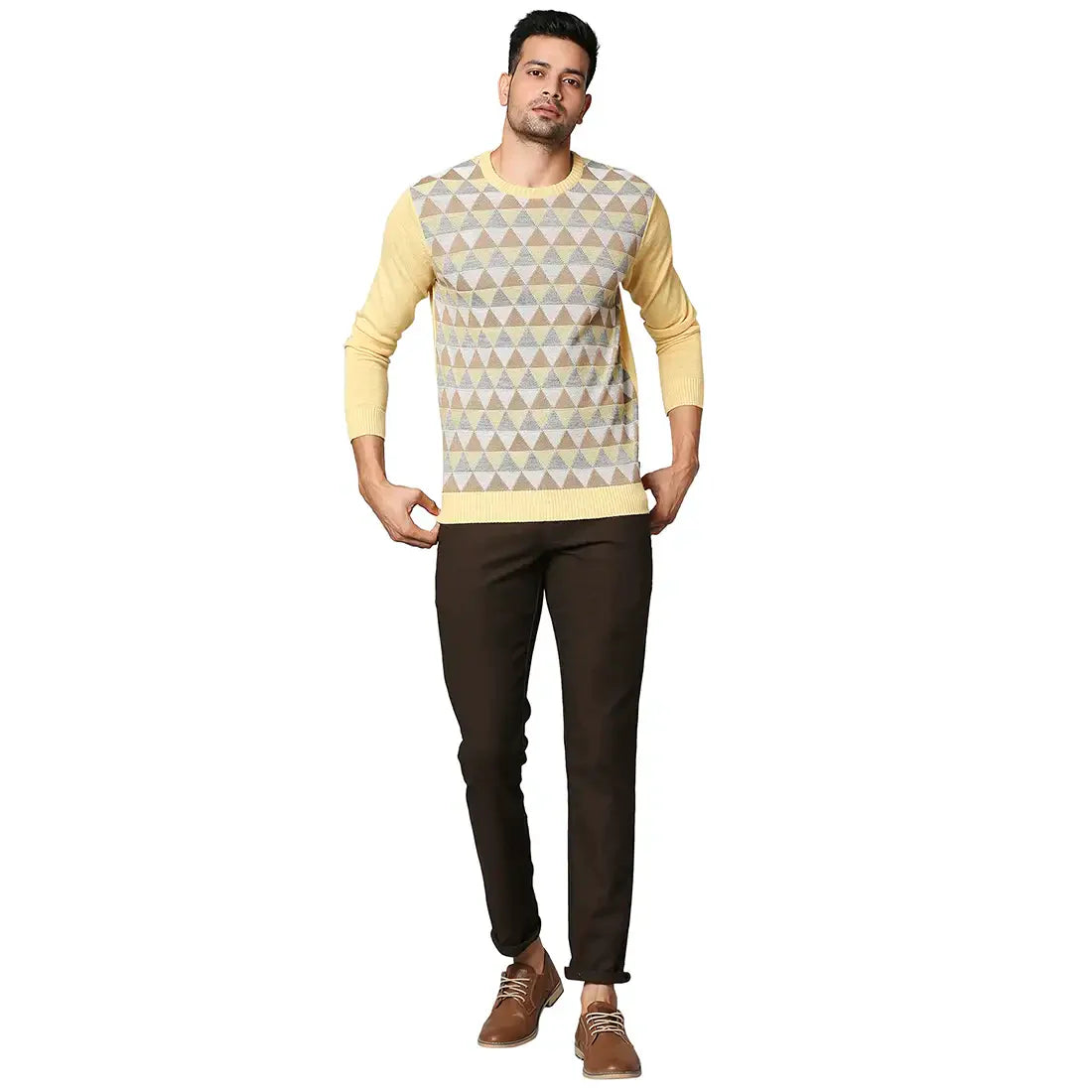 Men Yellow Argyle Wool Blend Full Sleeve V Neck Collar Sweaters