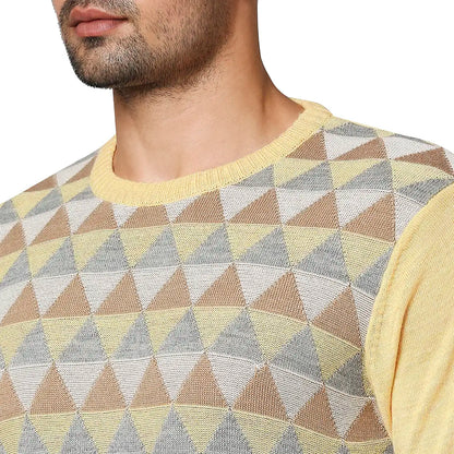Men Yellow Argyle Wool Blend Full Sleeve V Neck Collar Sweaters