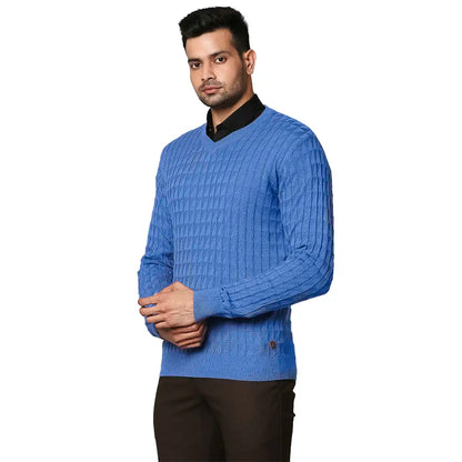 Men Blue Wrapper Wool Blend Full Sleeve V Neck Collar Sweaters