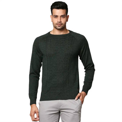 Men Green Structure Cable Wool Blend Round Collar Sweaters