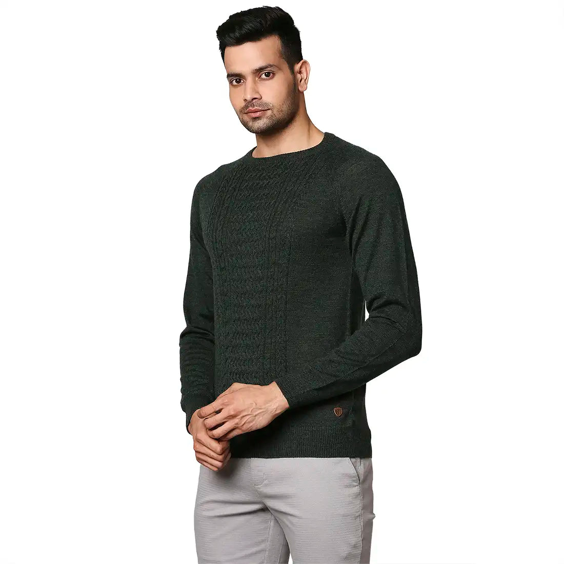 Men Green Structure Cable Wool Blend Round Collar Sweaters