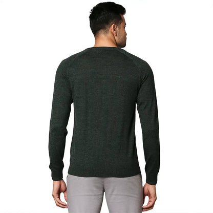 Men Green Structure Cable Wool Blend Round Collar Sweaters