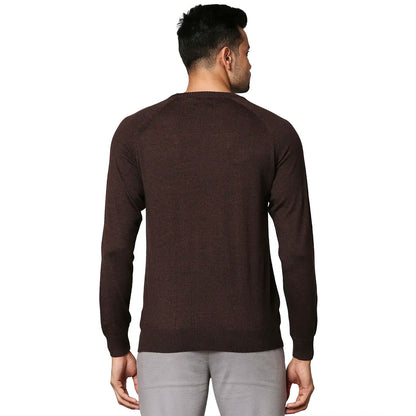 Men Brown Structure Cable Wool Blend Round Collar Sweaters
