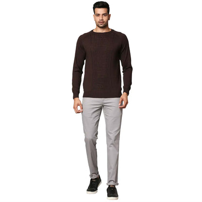 Men Brown Structure Cable Wool Blend Round Collar Sweaters
