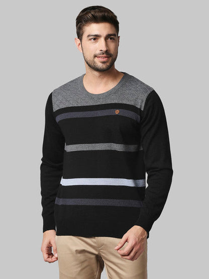 Raymond Men Black Stripe Regular Fit Acrlic Blend Sweater