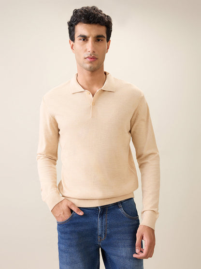 Raymond Men Brown Solid Contemporary Fit Wool Blend Full Sleeve Polo Neck Collar Sweater