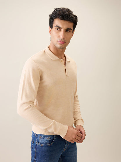 Raymond Men Brown Solid Contemporary Fit Wool Blend Full Sleeve Polo Neck Collar Sweater