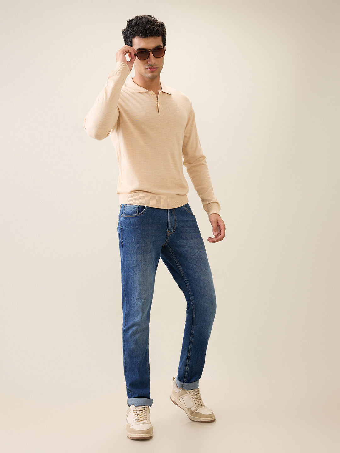 Raymond Men Brown Solid Contemporary Fit Wool Blend Full Sleeve Polo Neck Collar Sweater