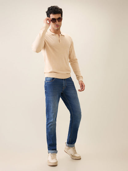 Raymond Men Brown Solid Contemporary Fit Wool Blend Full Sleeve Polo Neck Collar Sweater