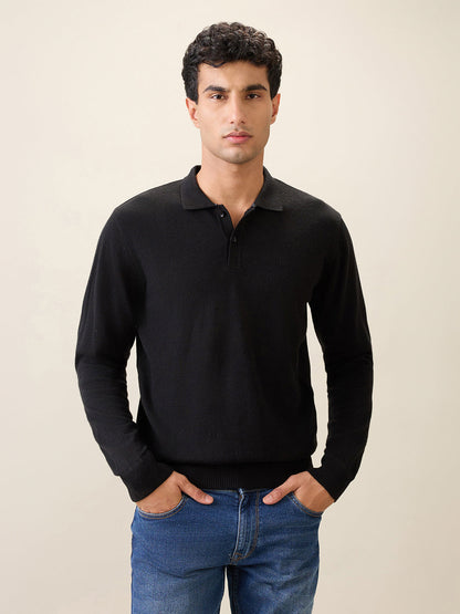 Raymond Men Black Solid Contemporary Fit Wool Blend Full Sleeve Polo Neck Collar Sweater