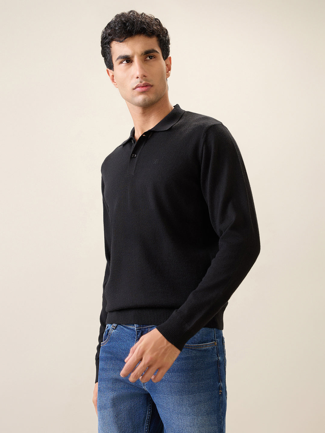 Raymond Men Black Solid Contemporary Fit Wool Blend Full Sleeve Polo Neck Collar Sweater