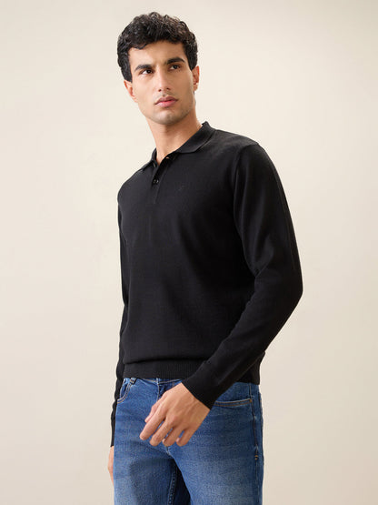 Raymond Men Black Solid Contemporary Fit Wool Blend Full Sleeve Polo Neck Collar Sweater