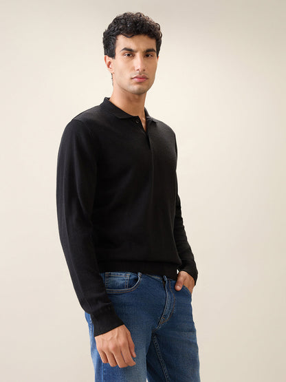 Raymond Men Black Solid Contemporary Fit Wool Blend Full Sleeve Polo Neck Collar Sweater