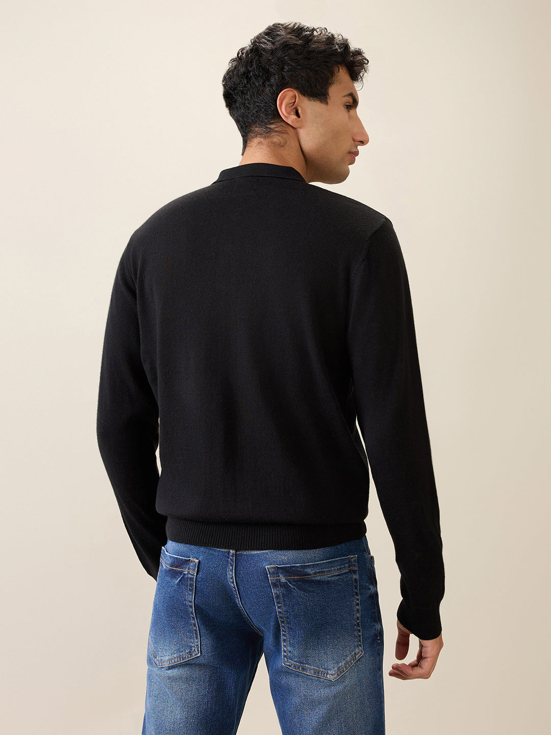 Raymond Men Black Solid Contemporary Fit Wool Blend Full Sleeve Polo Neck Collar Sweater