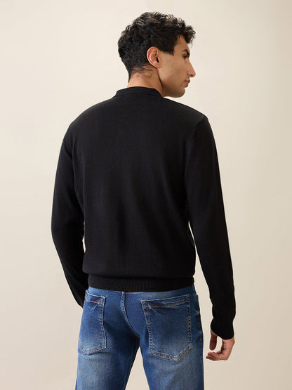 Raymond Men Black Solid Contemporary Fit Wool Blend Full Sleeve Polo Neck Collar Sweater
