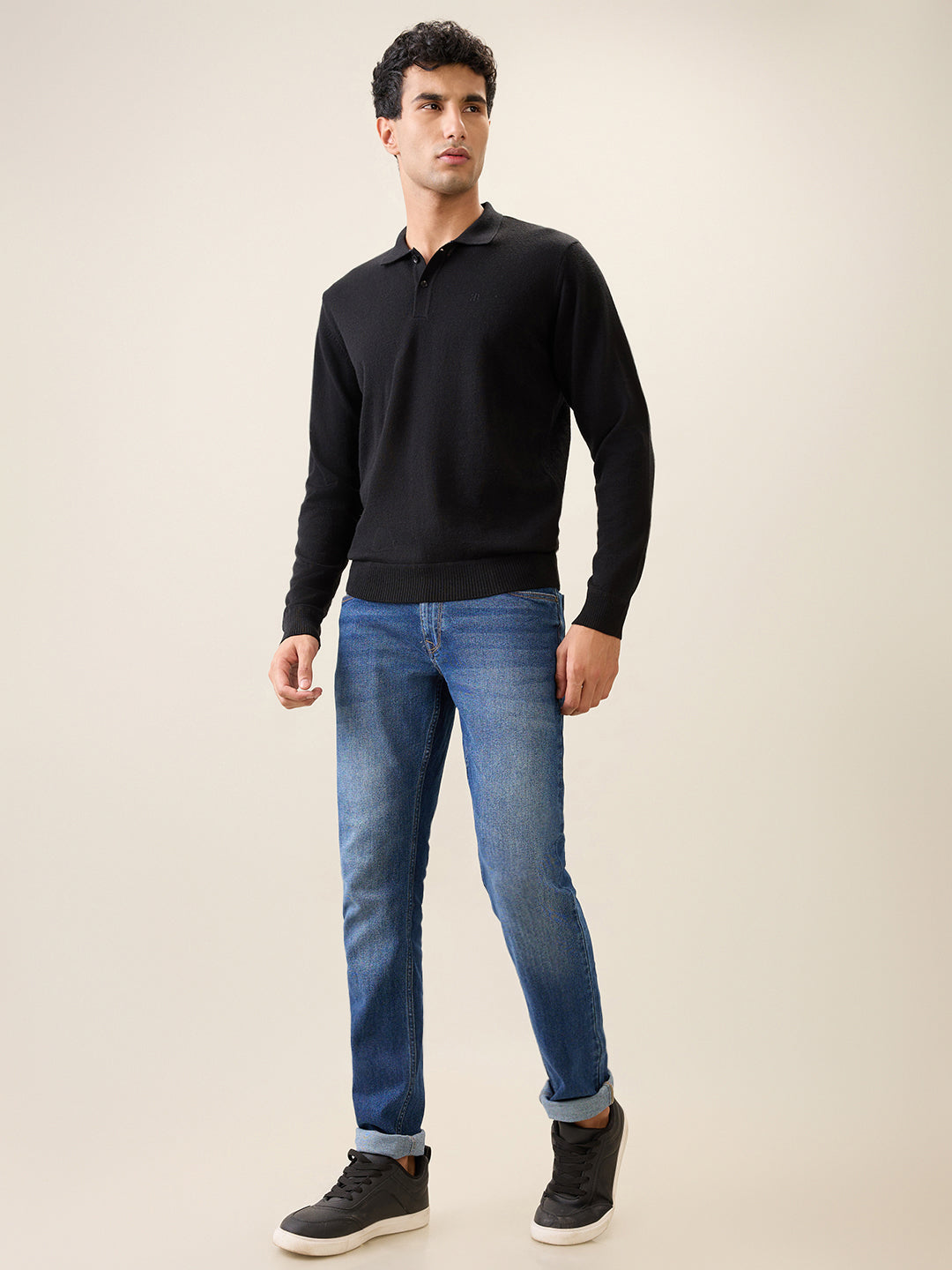 Raymond Men Black Solid Contemporary Fit Wool Blend Full Sleeve Polo Neck Collar Sweater