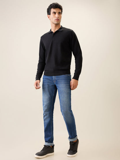 Raymond Men Black Solid Contemporary Fit Wool Blend Full Sleeve Polo Neck Collar Sweater