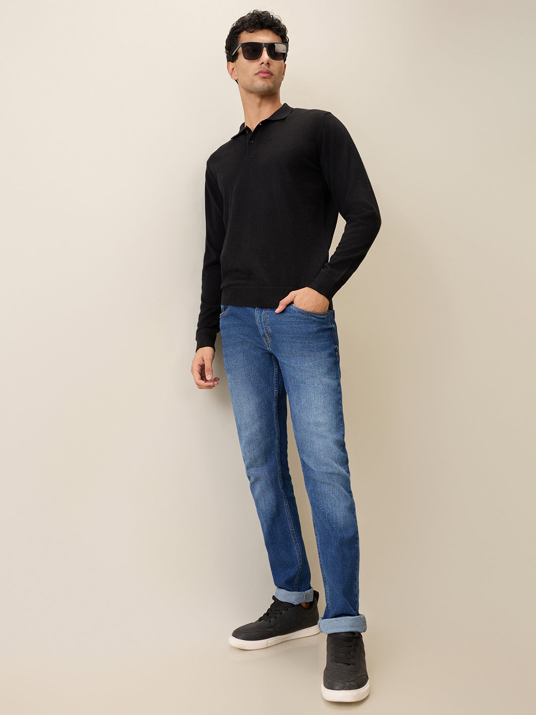 Raymond Men Black Solid Contemporary Fit Wool Blend Full Sleeve Polo Neck Collar Sweater