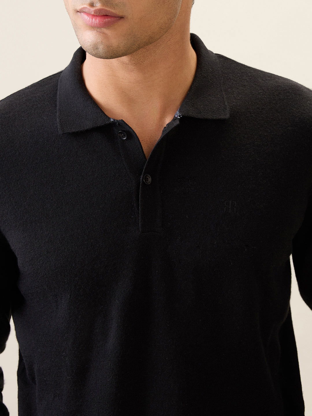 Raymond Men Black Solid Contemporary Fit Wool Blend Full Sleeve Polo Neck Collar Sweater