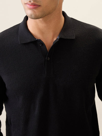 Raymond Men Black Solid Contemporary Fit Wool Blend Full Sleeve Polo Neck Collar Sweater
