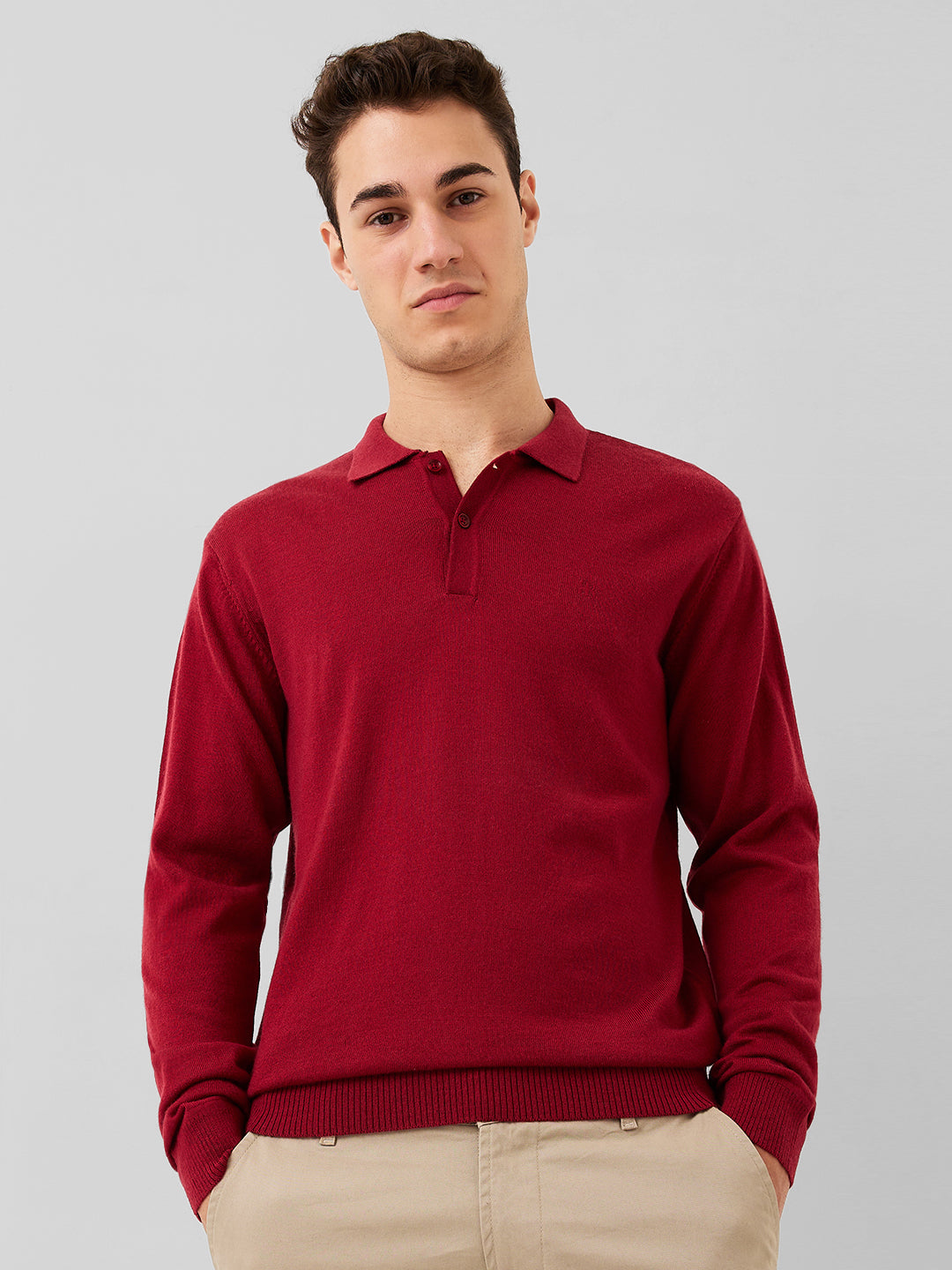 Raymond Men Red Solid Contemporary Fit Wool Blend Full Sleeve Polo Neck Collar Sweater
