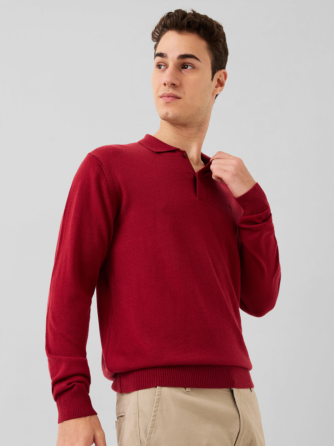 Raymond Men Red Solid Contemporary Fit Wool Blend Full Sleeve Polo Neck Collar Sweater