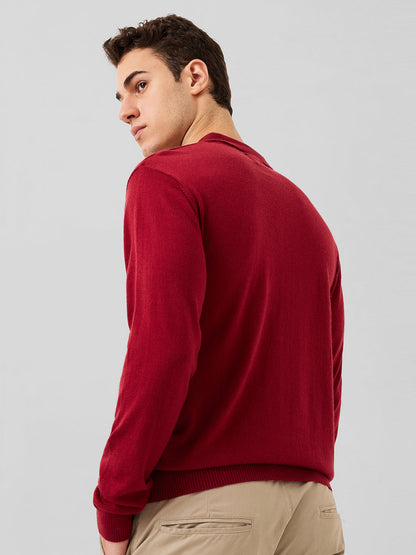 Raymond Men Red Solid Contemporary Fit Wool Blend Full Sleeve Polo Neck Collar Sweater