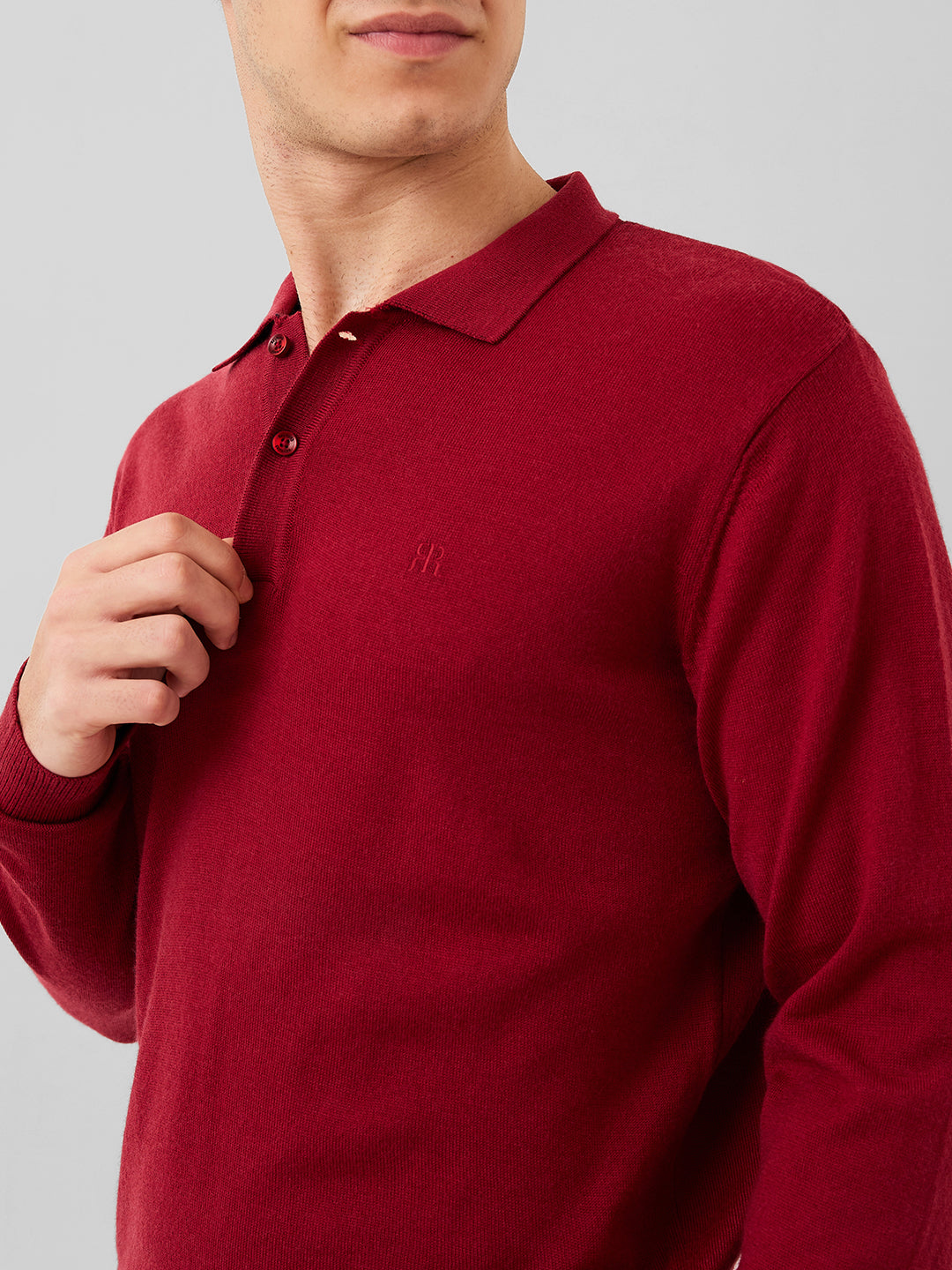 Raymond Men Red Solid Contemporary Fit Wool Blend Full Sleeve Polo Neck Collar Sweater