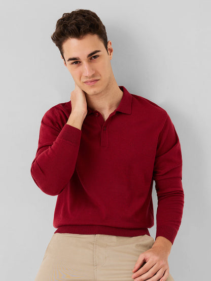 Raymond Men Red Solid Contemporary Fit Wool Blend Full Sleeve Polo Neck Collar Sweater