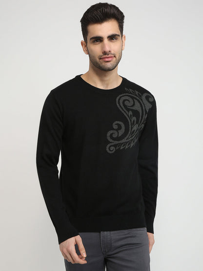 Raymond Men Black Intarsia Wool Blend Full Sleeve Round Neck Collar Sweater