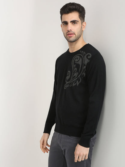 Raymond Men Black Intarsia Wool Blend Full Sleeve Round Neck Collar Sweater