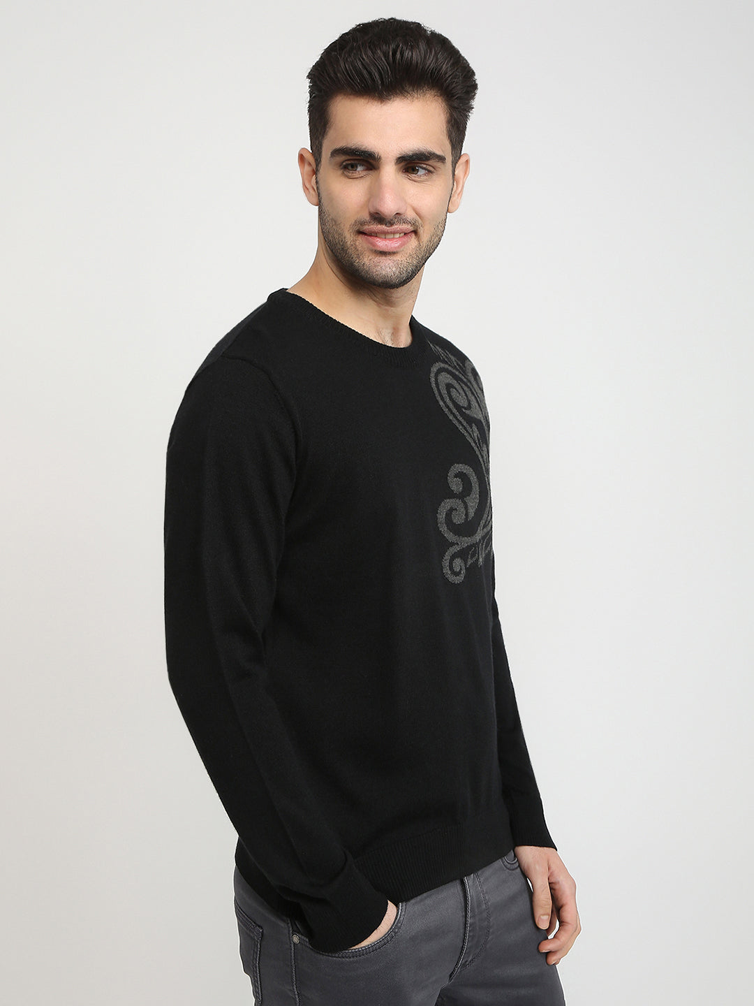 Raymond Men Black Intarsia Wool Blend Full Sleeve Round Neck Collar Sweater
