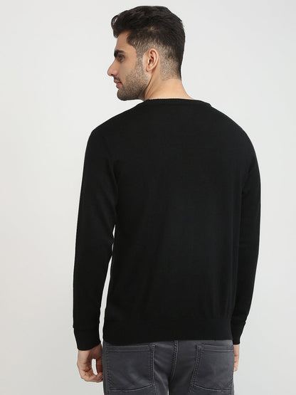 Raymond Men Black Intarsia Wool Blend Full Sleeve Round Neck Collar Sweater