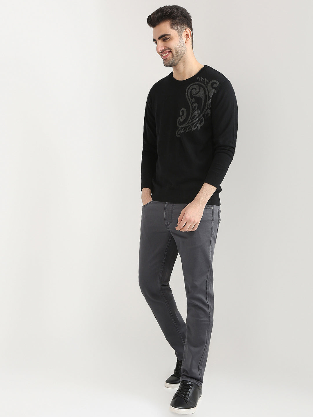 Raymond Men Black Intarsia Wool Blend Full Sleeve Round Neck Collar Sweater