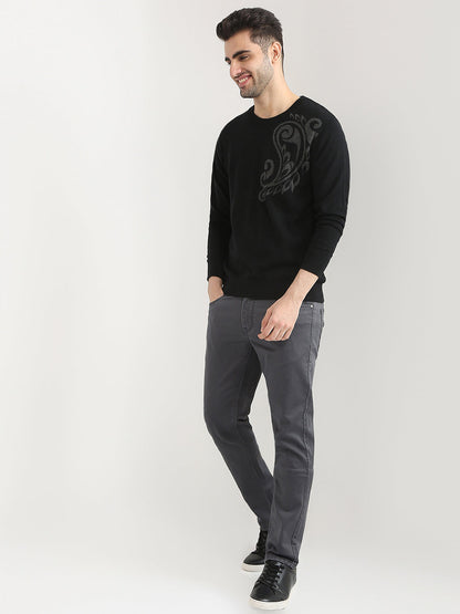 Raymond Men Black Intarsia Wool Blend Full Sleeve Round Neck Collar Sweater