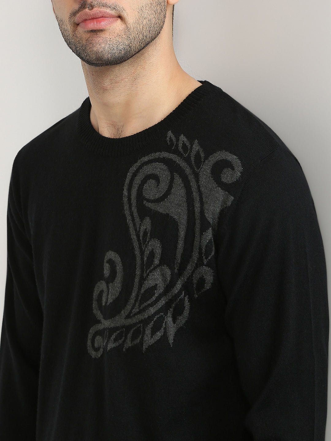 Raymond Men Black Intarsia Wool Blend Full Sleeve Round Neck Collar Sweater