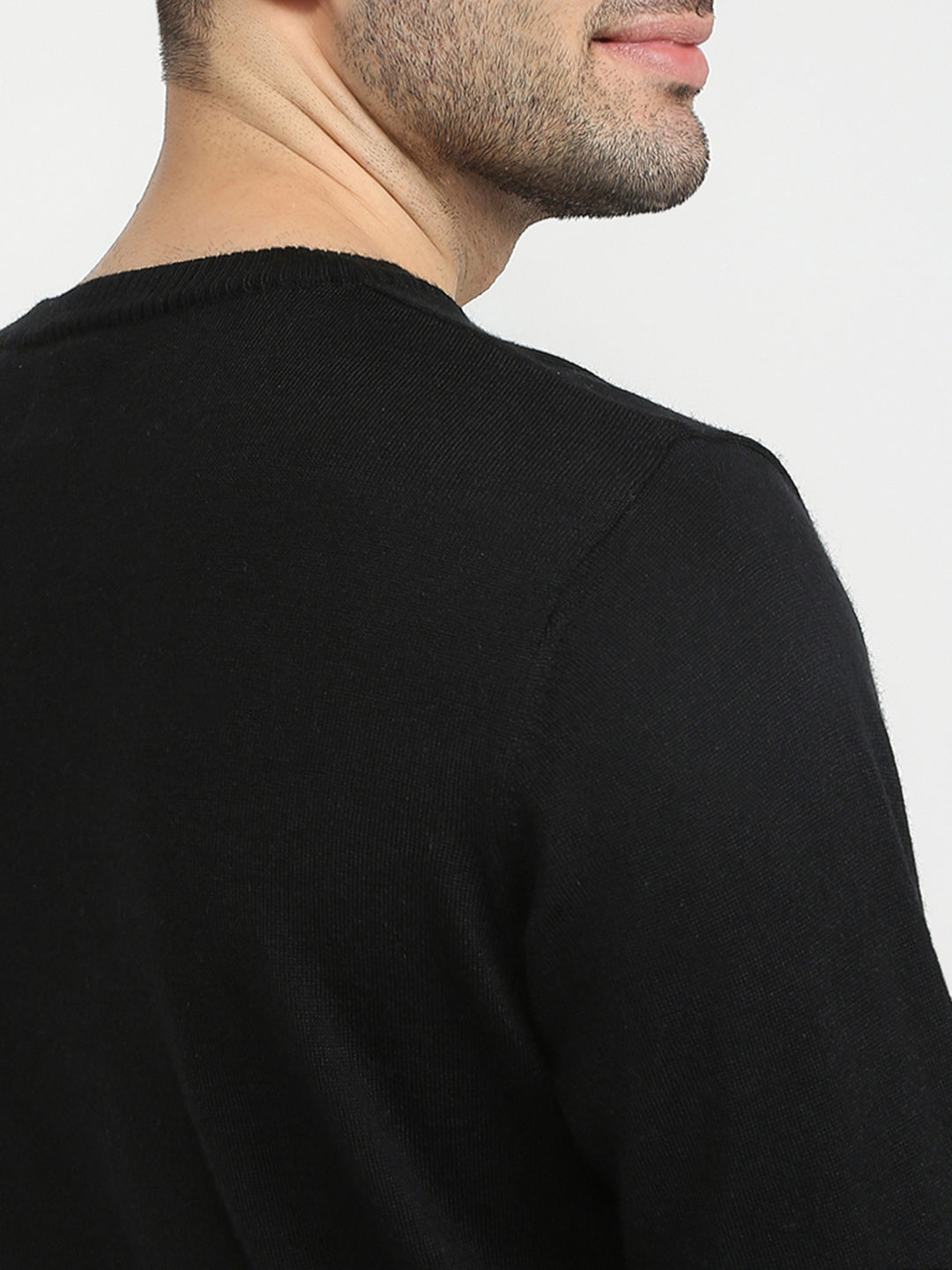 Raymond Men Black Intarsia Wool Blend Full Sleeve Round Neck Collar Sweater