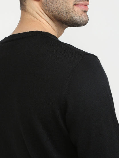 Raymond Men Black Intarsia Wool Blend Full Sleeve Round Neck Collar Sweater