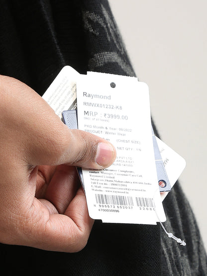 Raymond Men Black Intarsia Wool Blend Full Sleeve Round Neck Collar Sweater