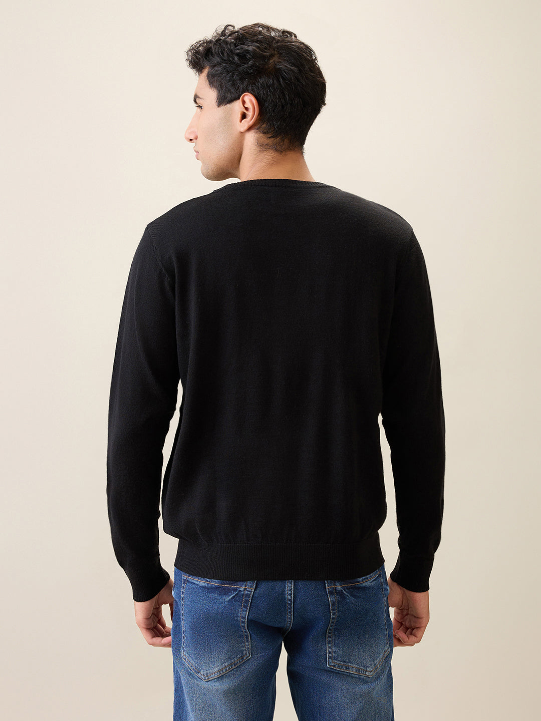 Raymond Men Black Structure Wool Blend Full Sleeve Round Neck Collar Sweater