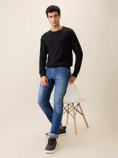 Raymond Men Black Structure Wool Blend Full Sleeve Round Neck Collar Sweater