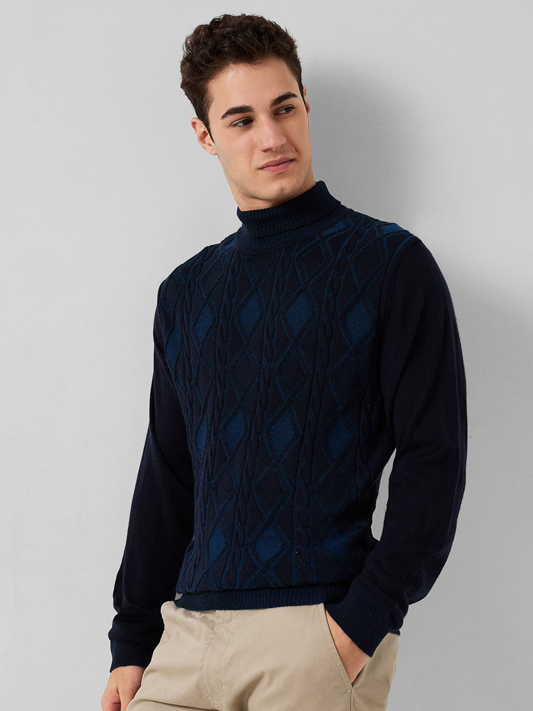 Raymond Men Blue Argyle Contemporary Fit Wool Blend Sweaters