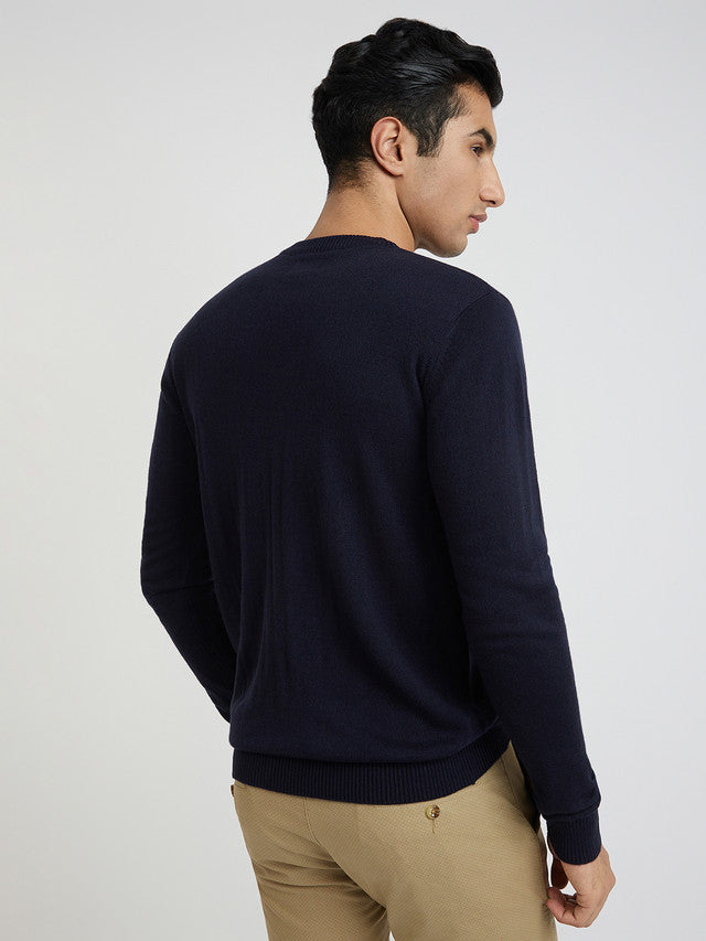 Men Blue Jacquard Acrylic Wool Blend Round Collar Sweaters