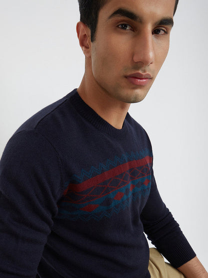 Men Blue Jacquard Acrylic Wool Blend Round Collar Sweaters