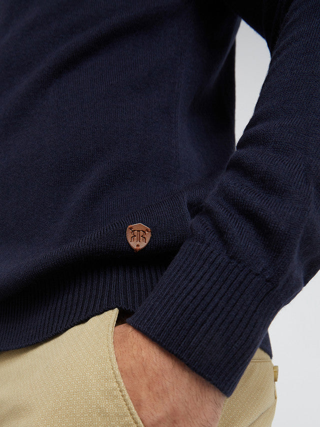 Men Blue Jacquard Acrylic Wool Blend Round Collar Sweaters