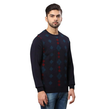 Men Blue Argyle Acrylic Wool Blend Round Collar Sweaters