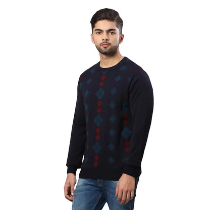Men Blue Argyle Acrylic Wool Blend Round Collar Sweaters